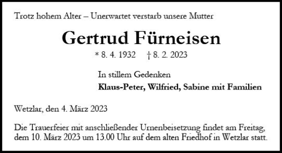 Traueranzeige von Gertrud Fürneisen von Wetzlarer Neue Zeitung