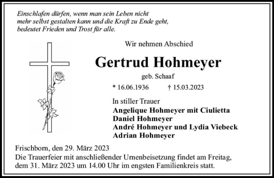 Traueranzeige von Gertrud Hohmeyer von VRM Trauer