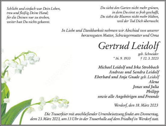 Traueranzeige von Gertrud Leidolf von Wetzlarer Neue Zeitung