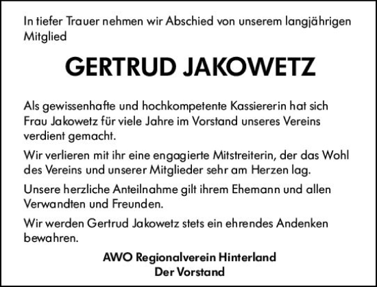 Traueranzeige von Getrud Jakowetz von Hinterländer Anzeiger