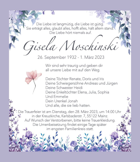 Traueranzeige von Gisela Moschinski von Allgemeine Zeitung Mainz