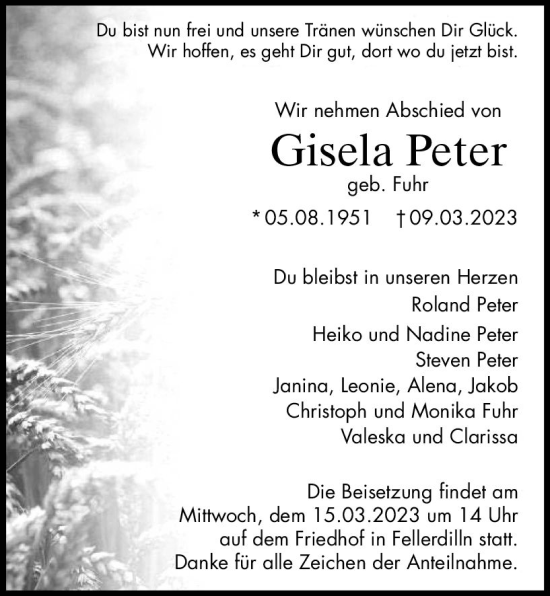 Traueranzeige von Gisela Peter von Dill Block