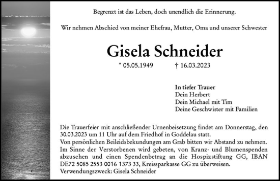 Traueranzeige von Gisela Schneider von Odenwälder Echo