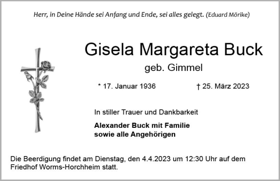 Traueranzeige von Gisela Margareta Buck von Wormser Zeitung