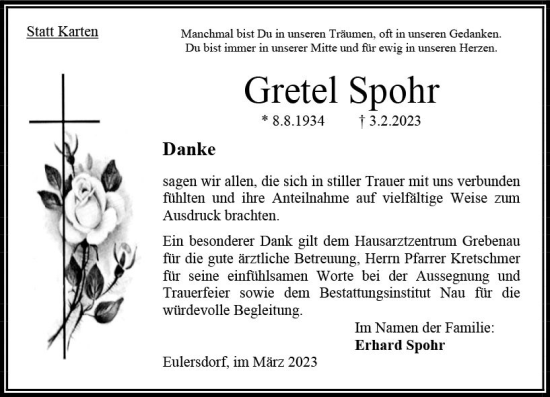 Traueranzeige von Gretel Spohr von Oberhessen Kurier