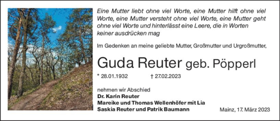 Traueranzeige von Guda Reuter von VRM Trauer