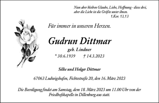 Traueranzeige von Gudrun Dittmar von Dill Block
