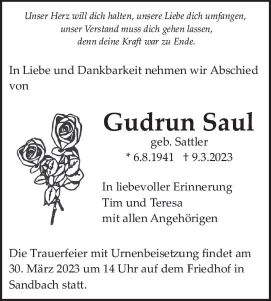 Traueranzeige von Gudrun Saul von Odenwälder Echo