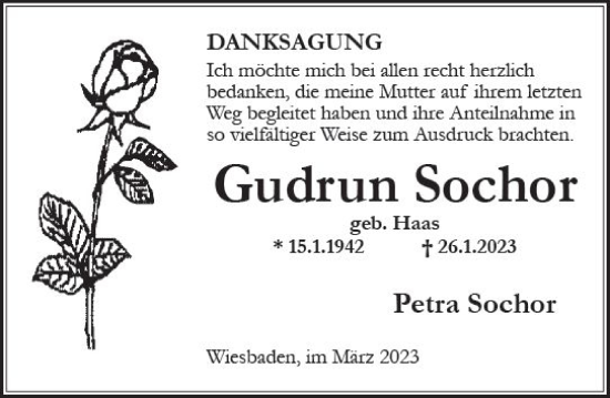 Traueranzeige von Gudrun Sochor von Wiesbadener Kurier