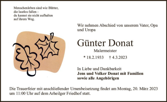 Traueranzeige von Günter Donat von Darmstädter Echo