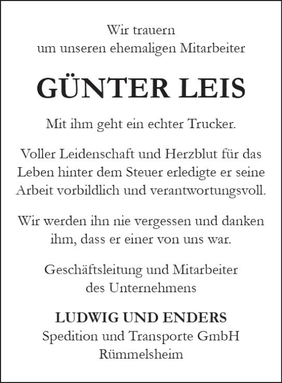Traueranzeige von Günter Leis von Bingen/Ingelheim WOBL inkl. Neue Binger Ztg.