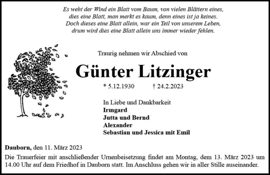 Traueranzeige von Günter Litzinger von Nassauische Neue Presse