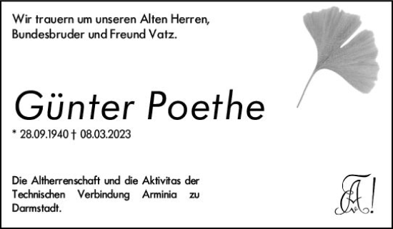 Traueranzeige von Günter Poethe von Darmstädter Echo