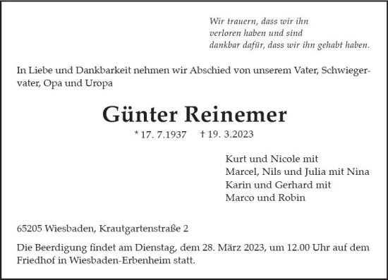 Traueranzeige von Günter Reinemer von Wiesbadener Kurier Traueranzeige von Günter Reinemer von Wiesbadener Kurier