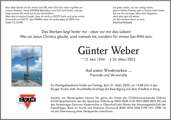 Traueranzeige von Günter Weber von Dill Block
