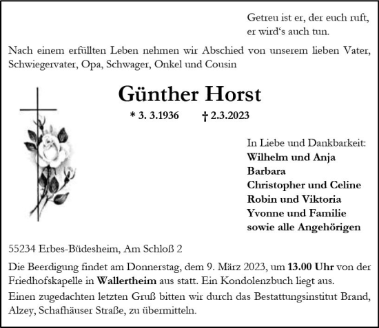 Traueranzeige von Günther Horst von Allgemeine Zeitung Alzey