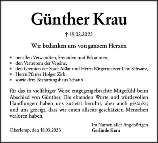 Traueranzeige von Günther Krau von Wetzlarer Neue Zeitung