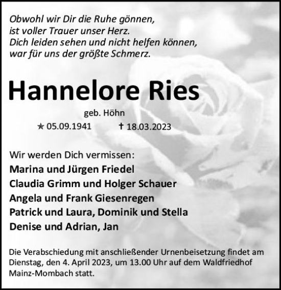 Traueranzeige von Hannelore Ries von Allgemeine Zeitung Mainz