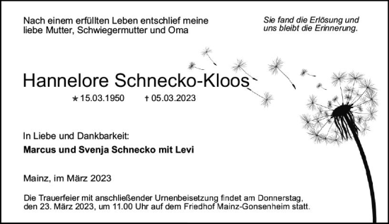 Traueranzeige von Hannelore Schnecko-Koos von Allgemeine Zeitung Mainz