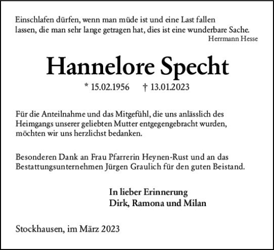 Traueranzeige von Hannelore Specht von Wetzlarer Neue Zeitung