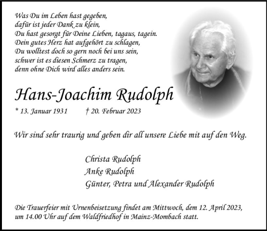 Traueranzeige von Hans-Joachim Rudolph von Allgemeine Zeitung Mainz