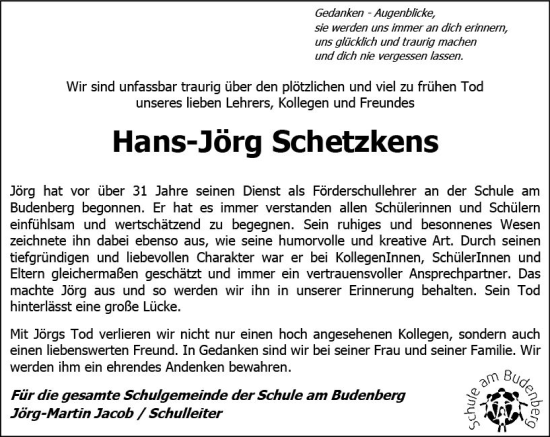 Traueranzeige von Hans-Jörg Schetzkens von Dill Block