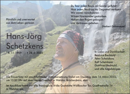 Traueranzeige von Hans-Jörg Schetzkens von Wetzlarer Neue Zeitung