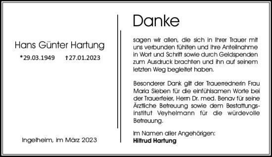 Traueranzeige von Hans Günter Hartung von Allgemeine Zeitung Bingen/Ingelheim