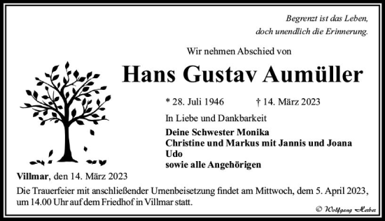 Traueranzeige von Hans Gustav Aumüller von Nassauische Neue Presse