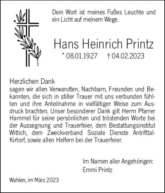 Traueranzeige von Hans Heinrich Printz von Oberhessen Kurier
