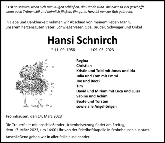 Traueranzeige von Hansi Schnirch von Dill Block