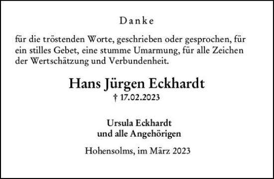 Traueranzeige von Hans Jürgen Eckhardt von Wetzlarer Neue Zeitung