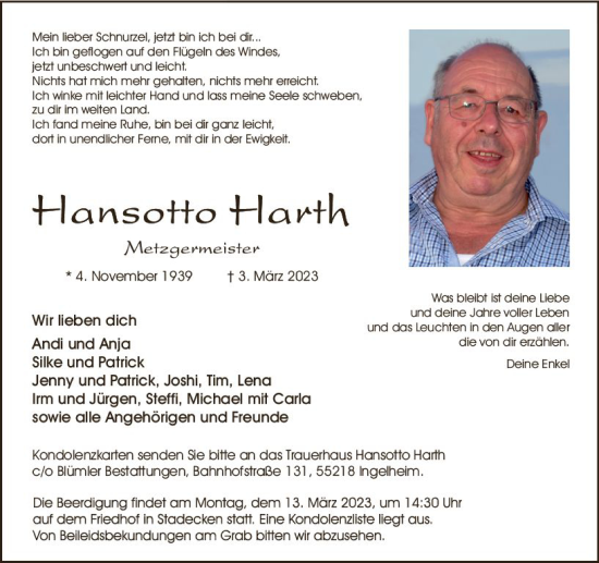 Traueranzeige von Hansotto Harth von Allgemeine Zeitung Mainz
