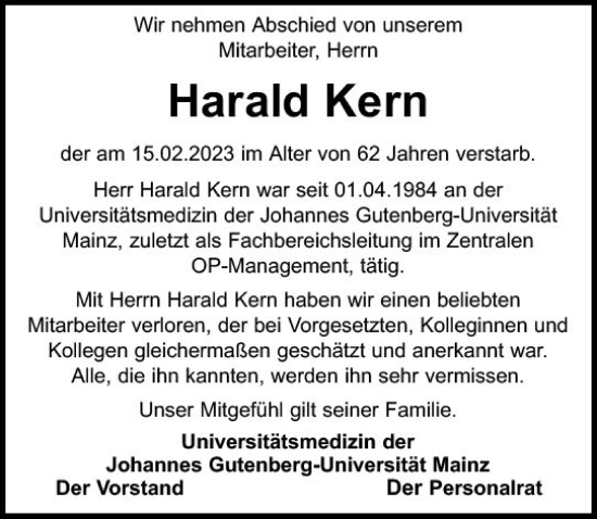 Traueranzeige von Harald Kern von Allgemeine Zeitung Mainz