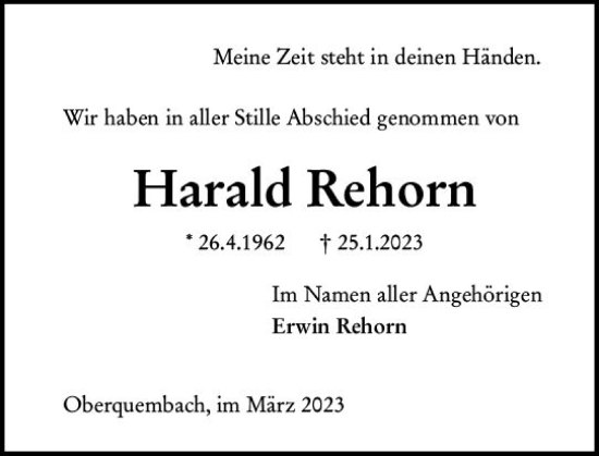 Traueranzeige von Harald Rehorn von Wetzlarer Neue Zeitung