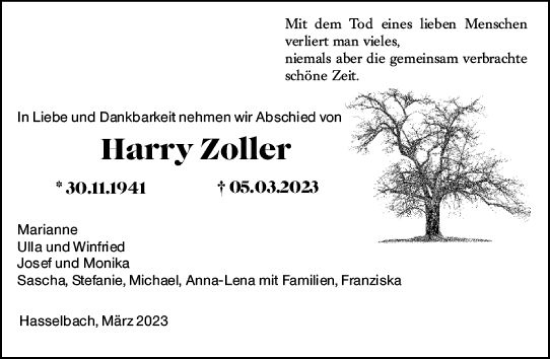 Traueranzeige von Harry Zoller von Camberger Anzeiger