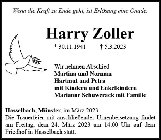 Traueranzeige von Harry Zoller von Camberger Anzeiger