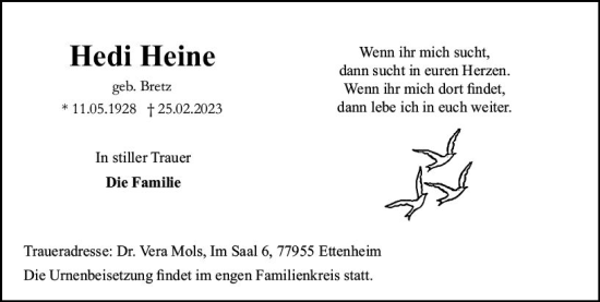 Traueranzeige von Hedi Heine von Allgemeine Zeitung Alzey