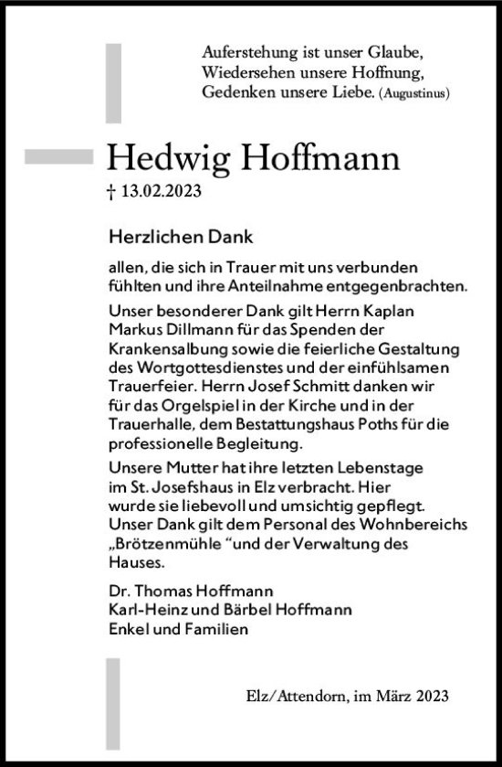 Traueranzeige von Hedwig Hoffmann von Nassauische Neue Presse