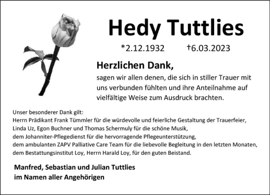 Traueranzeige von Hedy Tuttlies von Wiesbadener Kurier