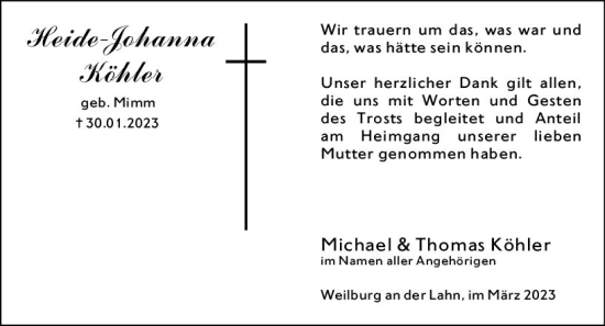 Traueranzeige von Heide-Johanna Köhler von Weilburger Tageblatt