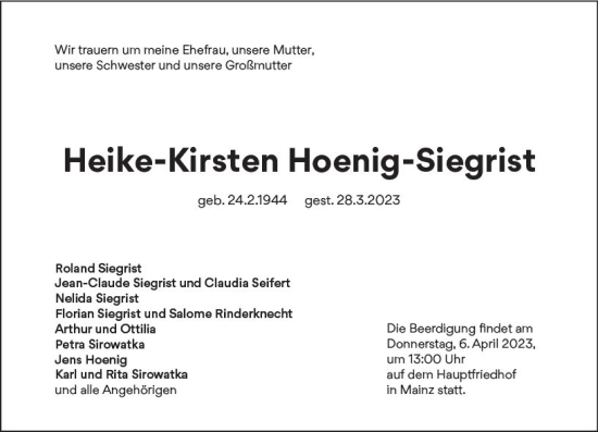 Traueranzeige von Heike-Kirsten Hoenig-Siegrist von Allgemeine Zeitung Mainz