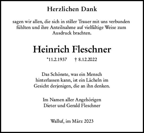 Traueranzeige von Heinrich Fleschner von Wiesbadener Kurier