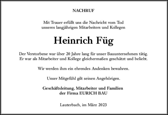 Traueranzeige von Heinrich Füg von VRM Trauer