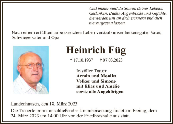 Traueranzeige von Heinrich Füg von VRM Trauer