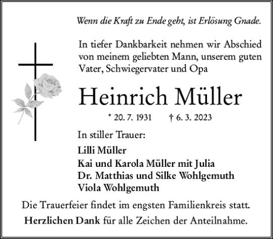 Traueranzeige von Heinrich Müller von Wetzlarer Neue Zeitung