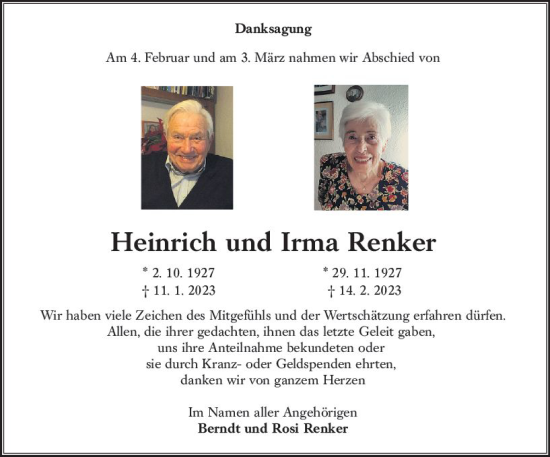 Traueranzeige von Heinrich Renker von Oberhessen Kurier