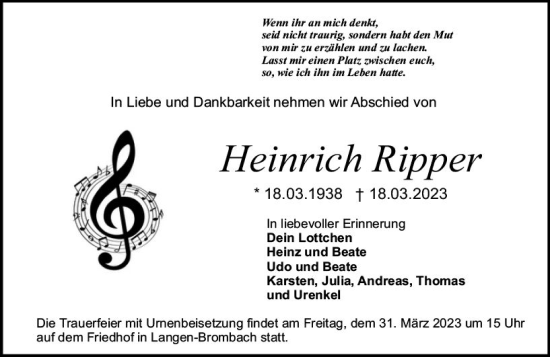 Traueranzeige von Heinrich Rippen von Odenwälder Echo
