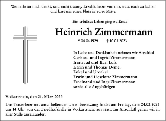 Traueranzeige von Heinrich Zimmermann von VRM Trauer