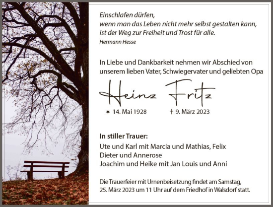 Traueranzeige von Heinz Fritz von Camberger Anzeiger